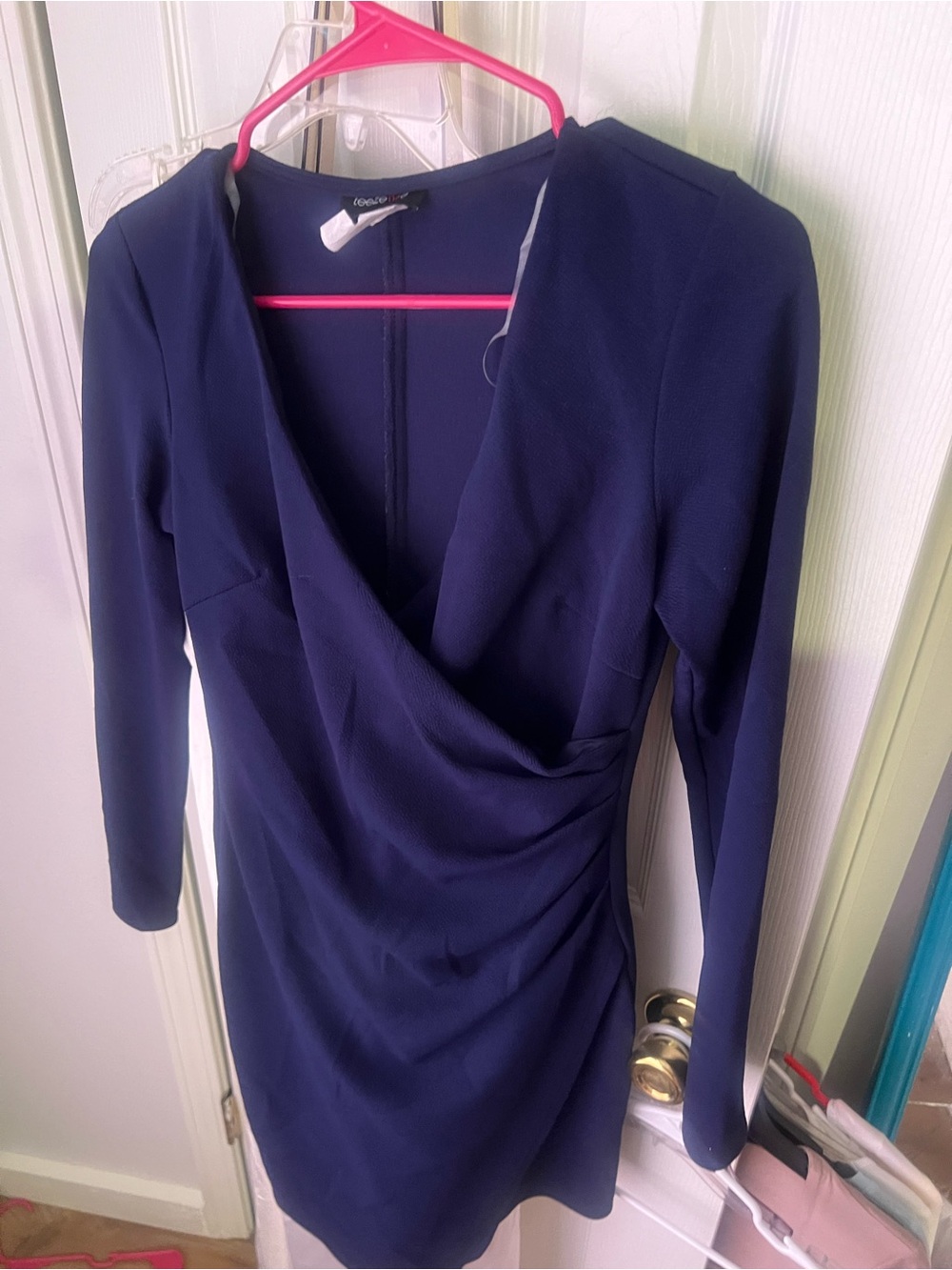 Navy Long-Sleeve Mini Wrap Dress